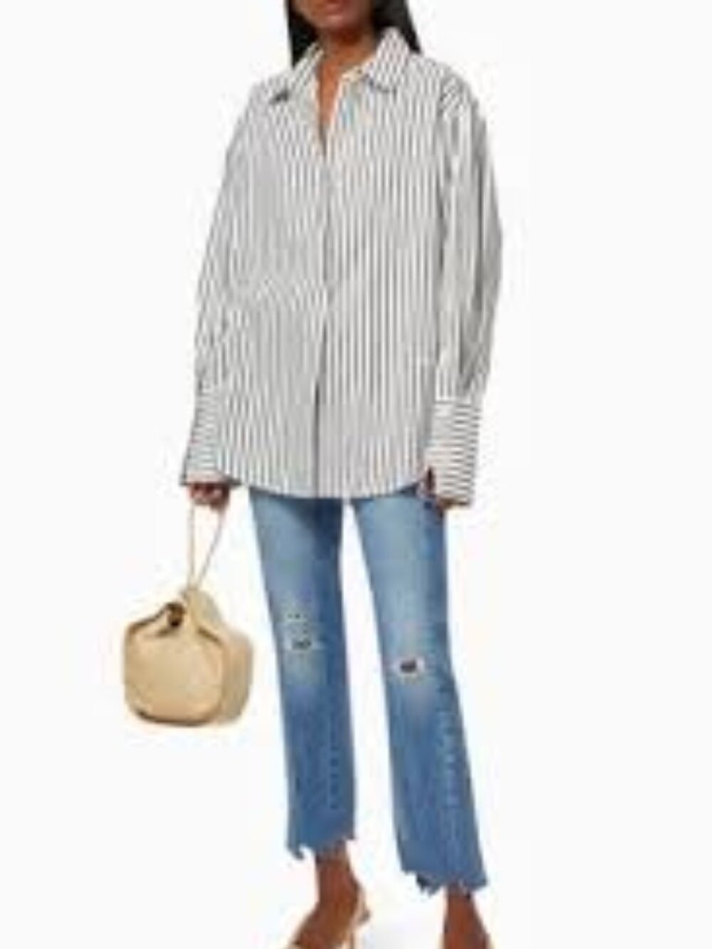 NEW Frame Denim Whitney Popover Long Sleeve Shirt, White/Black Stripe, Size L